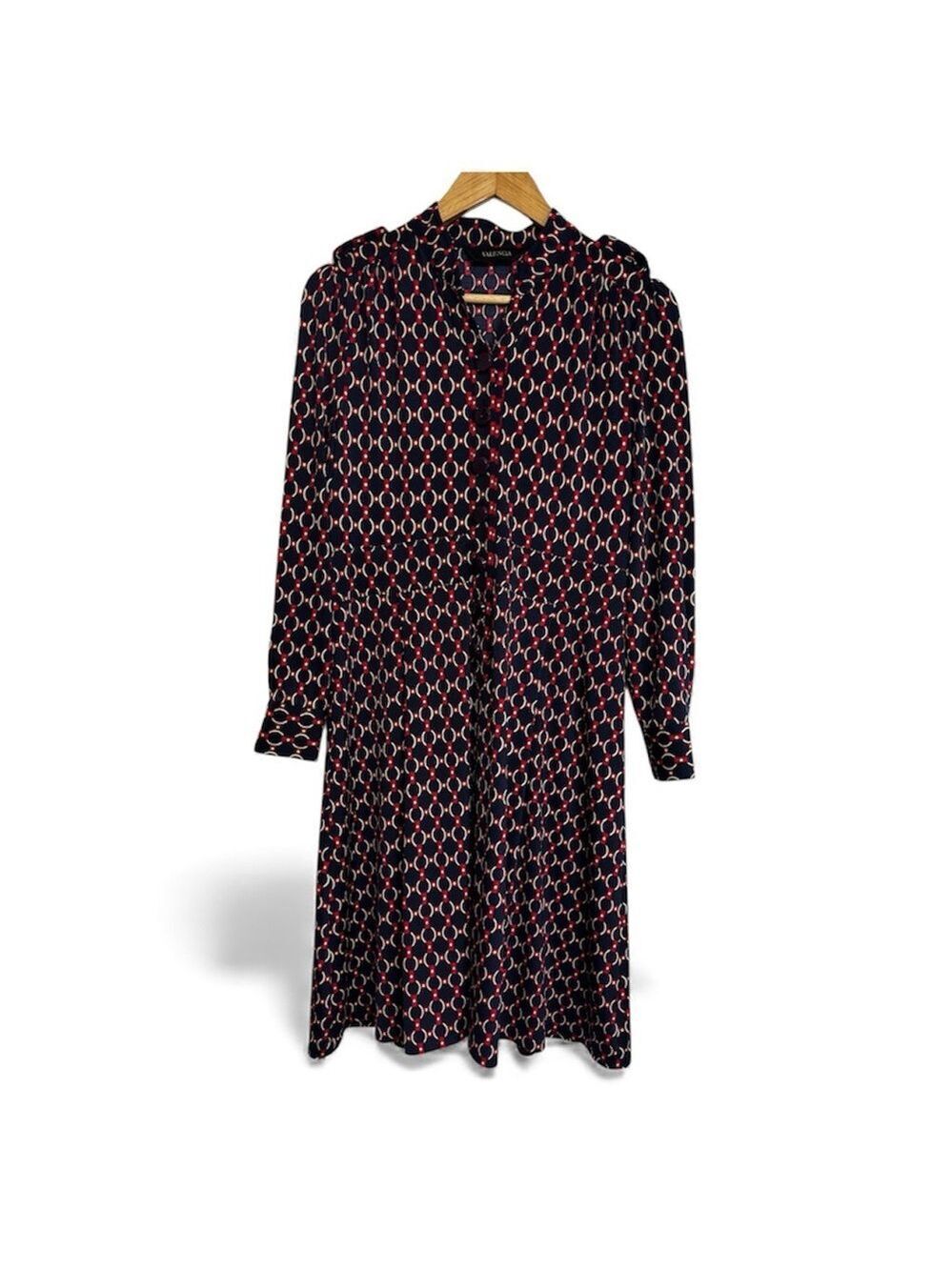Valencia Dark Academia Midi Dress Navy Red Chain Geometric Print